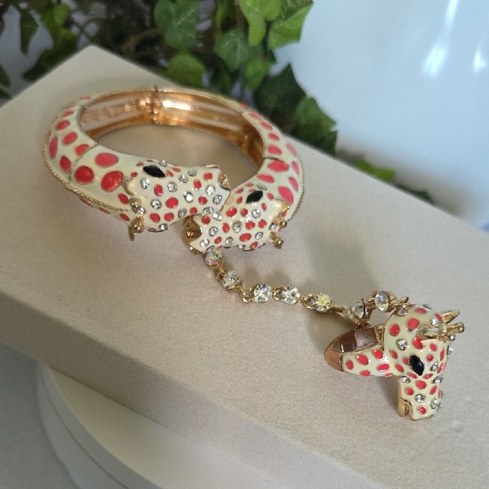 Vintage Statement Enamel Giraffe Bracelet with Attached Ring